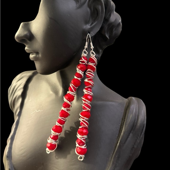 Handcrafted 5” Red Wired Wrapped Long Earrings - Picture 2 of 7
